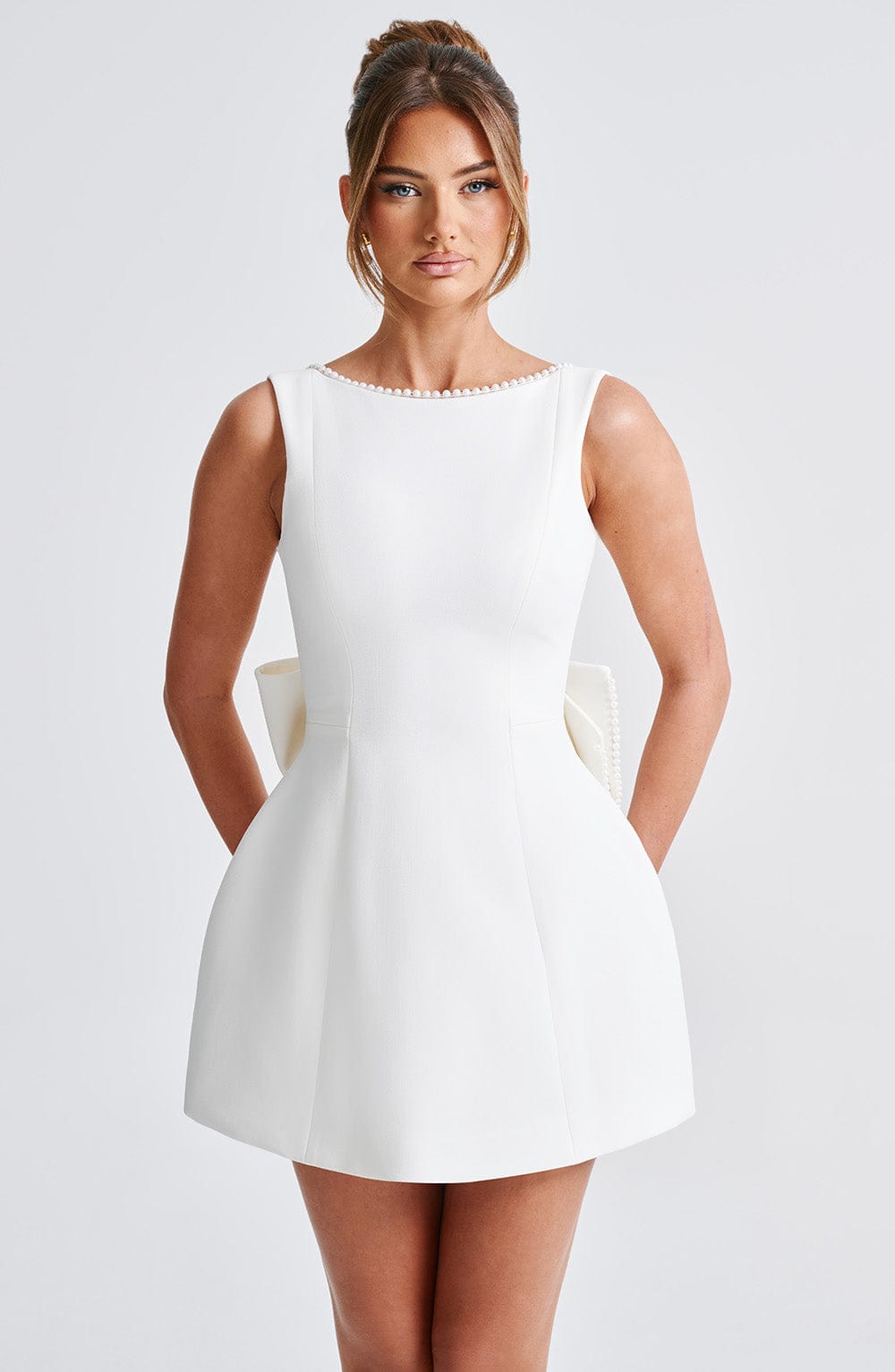 Theodora | Pearl Neck A-Line Mini Wedding Guest Dress