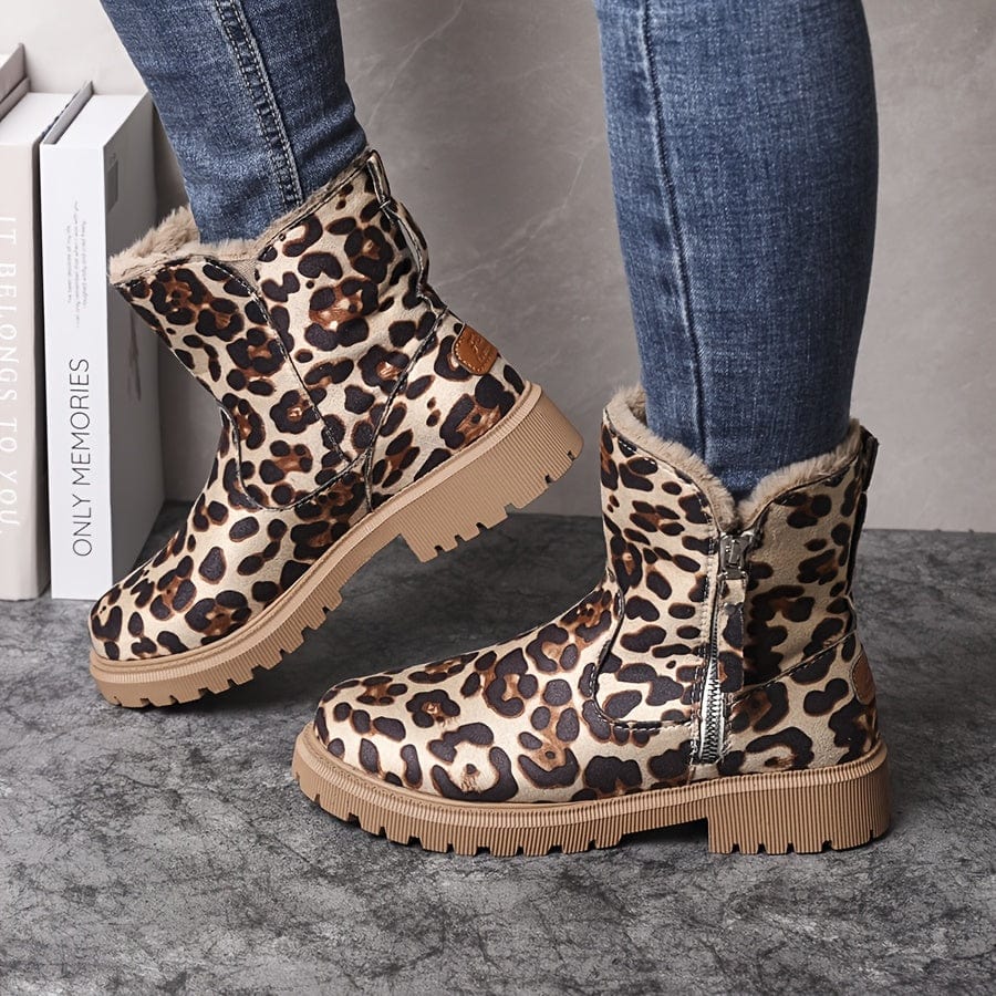 Ophelia | Black Heeled Leather Ankle Boots Winter — Leopard Print