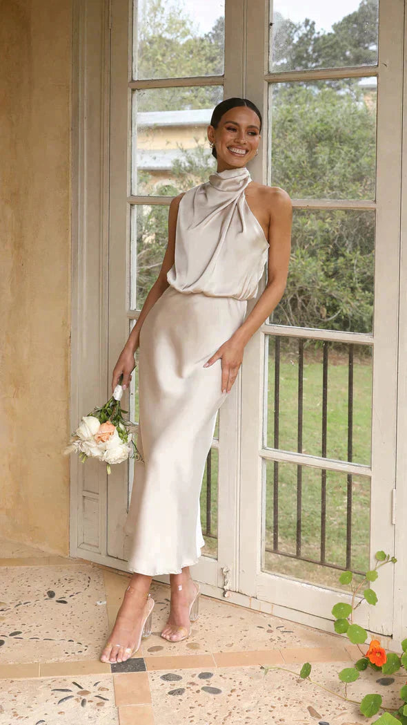 Rosalind | Long Sleeve Halter Midi Wedding Guest Dresses