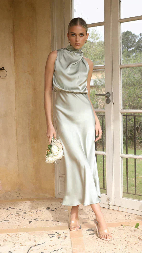 Rosalind | Long Sleeve Halter Midi Wedding Guest Dresses