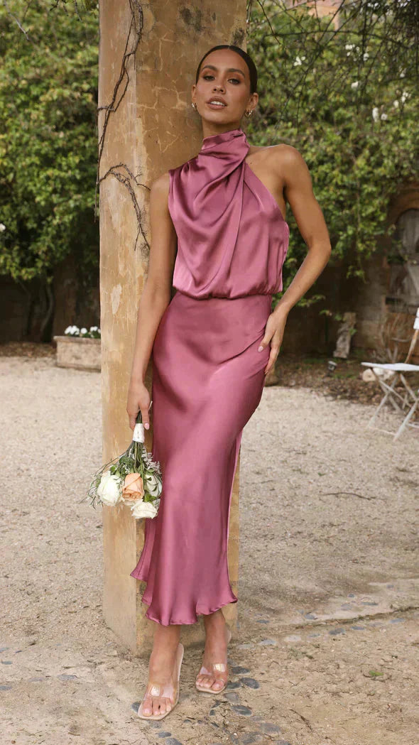 Rosalind | Long Sleeve Halter Midi Wedding Guest Dresses