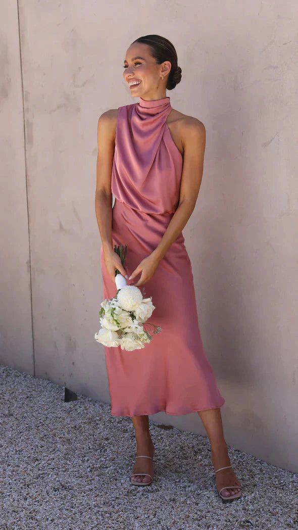 Rosalind | Long Sleeve Halter Midi Wedding Guest Dresses