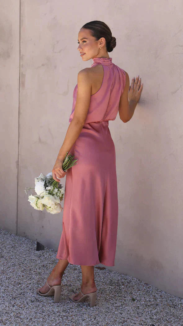 Rosalind | Long Sleeve Halter Midi Wedding Guest Dresses