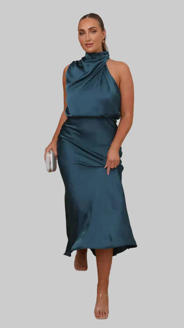 Rosalind | Long Sleeve Halter Midi Wedding Guest Dresses