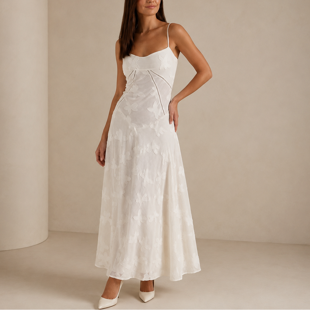 Albane | Spring Summer Floral Lace Maxi Wedding Guest Dress — White