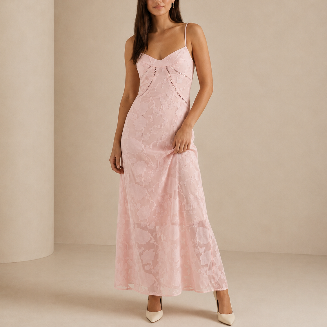 Albane | Spring Summer Floral Lace Maxi Wedding Guest Dress — Pink