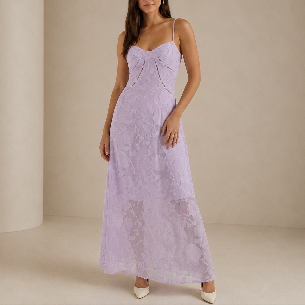 Albane | Spring Summer Floral Lace Maxi Wedding Guest Dress — Purple