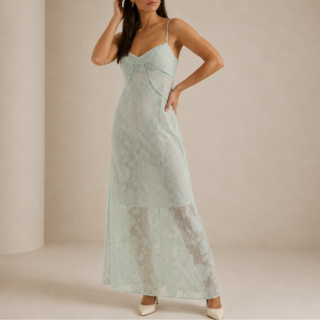 Albane | Spring Summer Floral Lace Maxi Wedding Guest Dress — Green