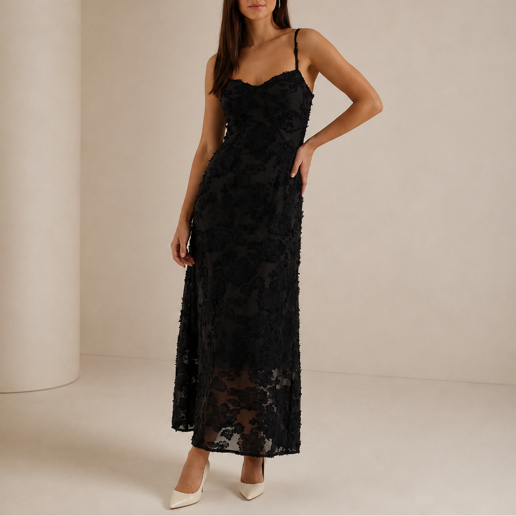 Albane | Spring Summer Floral Lace Maxi Wedding Guest Dress — Black