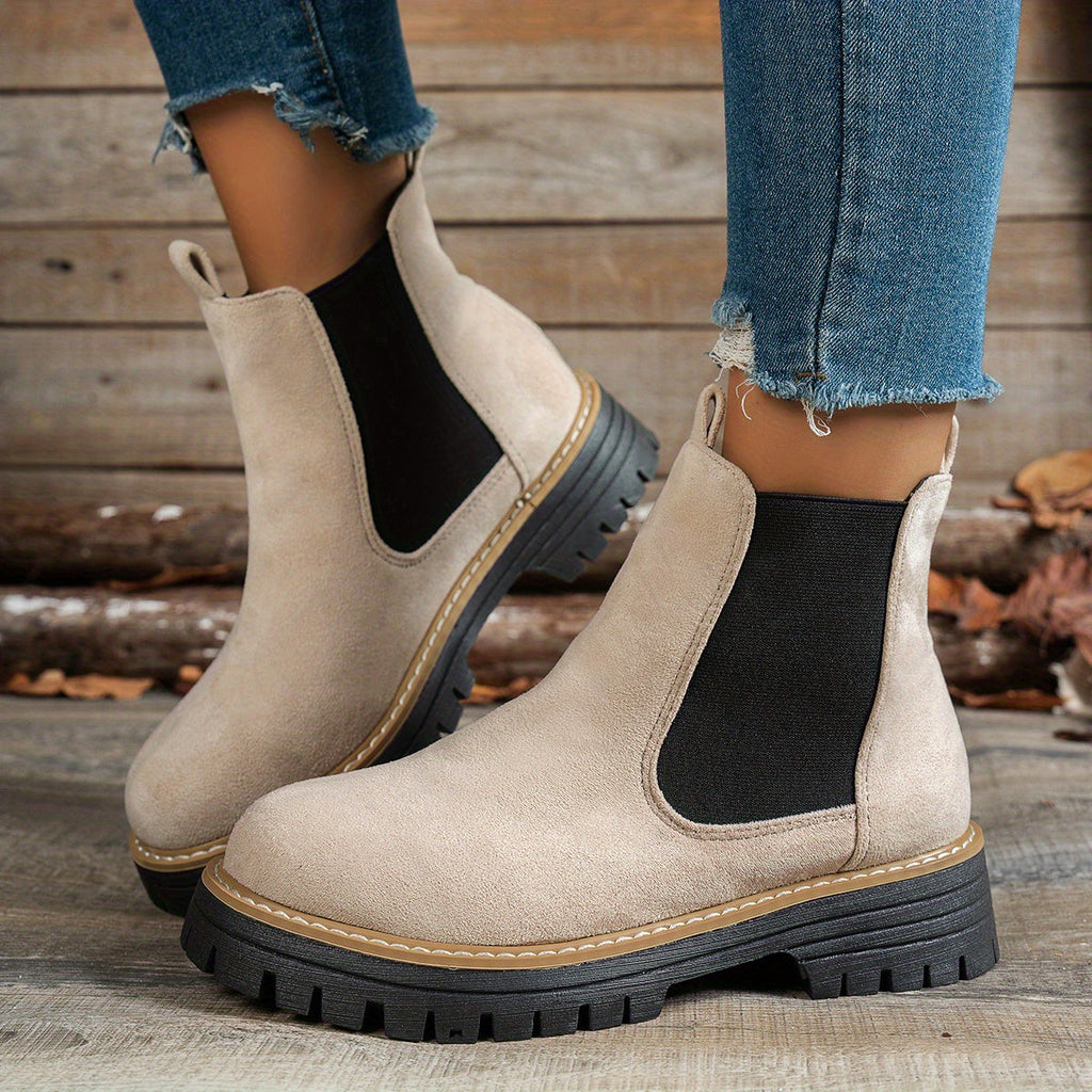 Berenice | Leather Low Heel Chelsea Ankle Boots — Beige