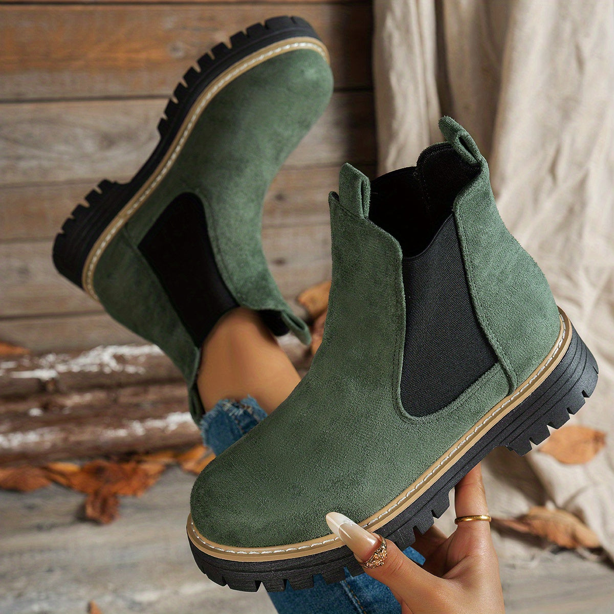 Berenice | Leather Low Heel Chelsea Ankle Boots — Green