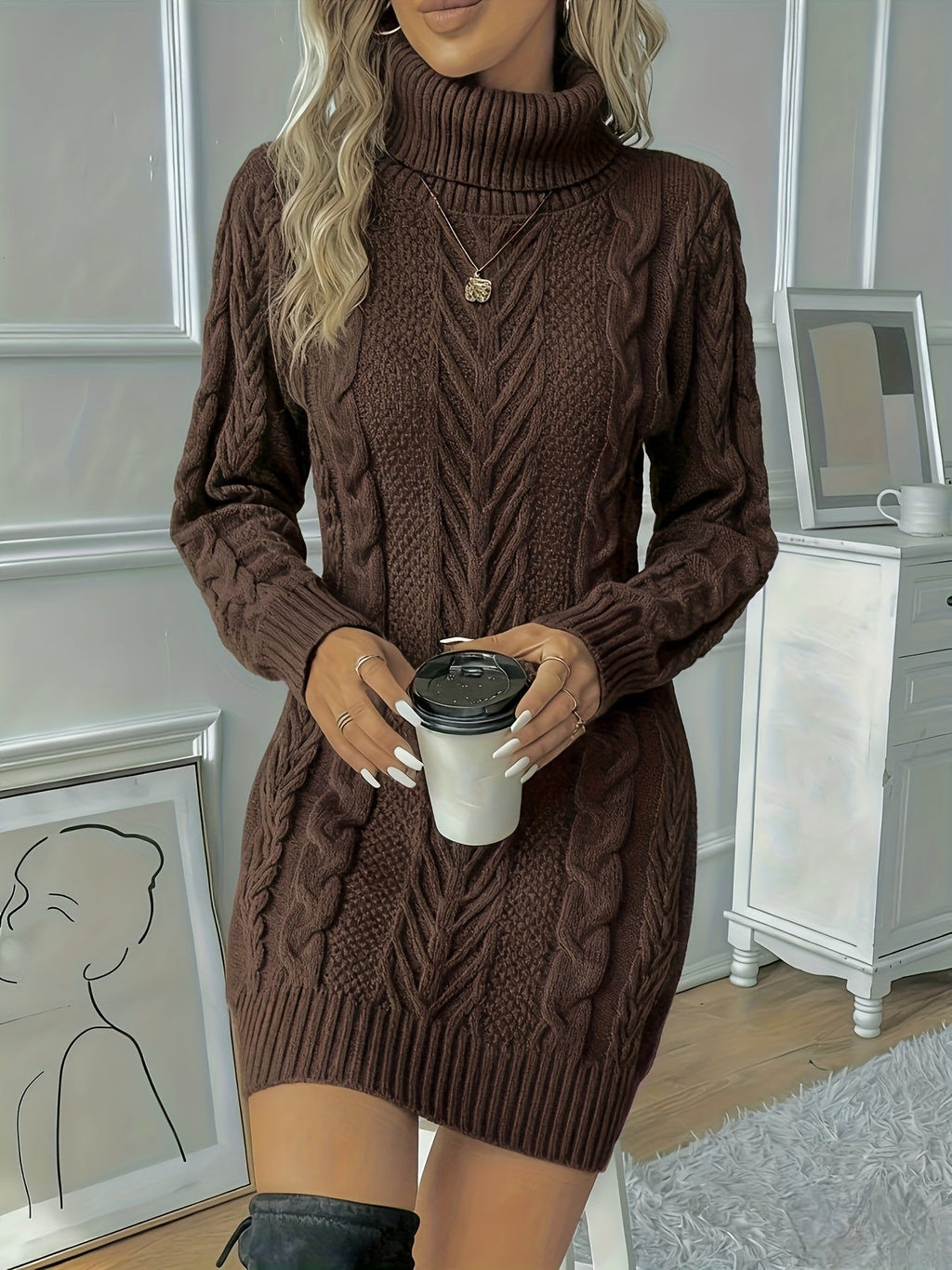 Aurelia | Black Turtleneck Chunky Cable Knit Long Sweater Dress