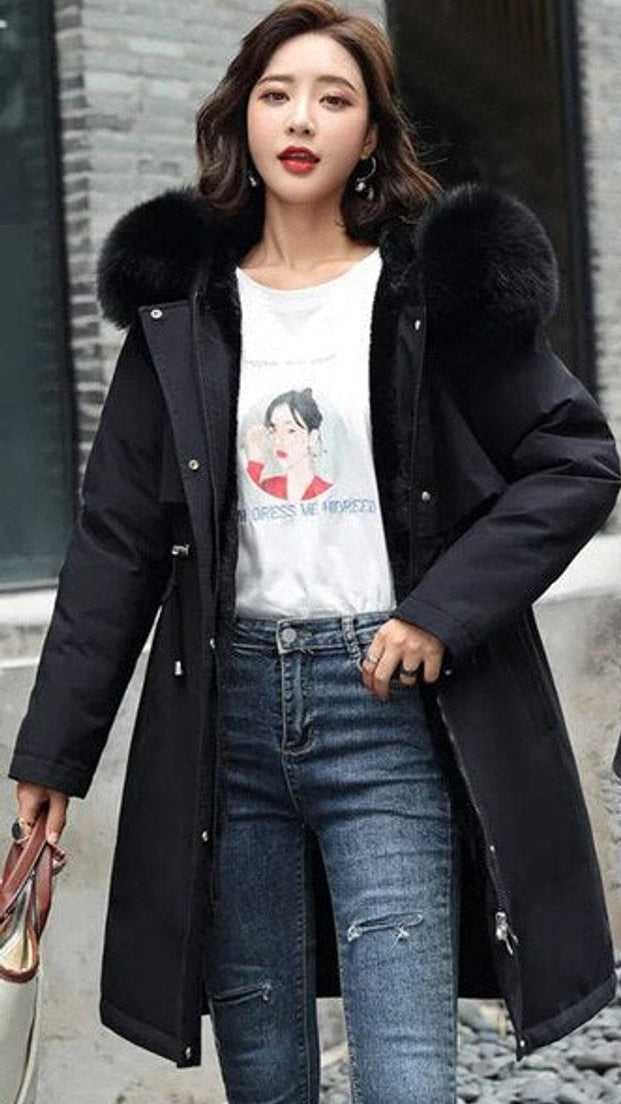 Bridget | Long Black Fur Hood Puffer Parka Winter Coat — Black