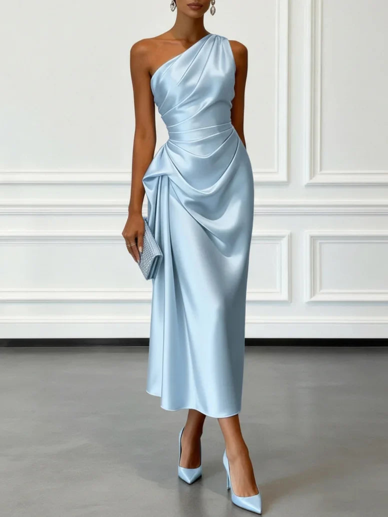 Mathilde | Satin One-Shoulder Ruched Midi Wedding Guest Dress