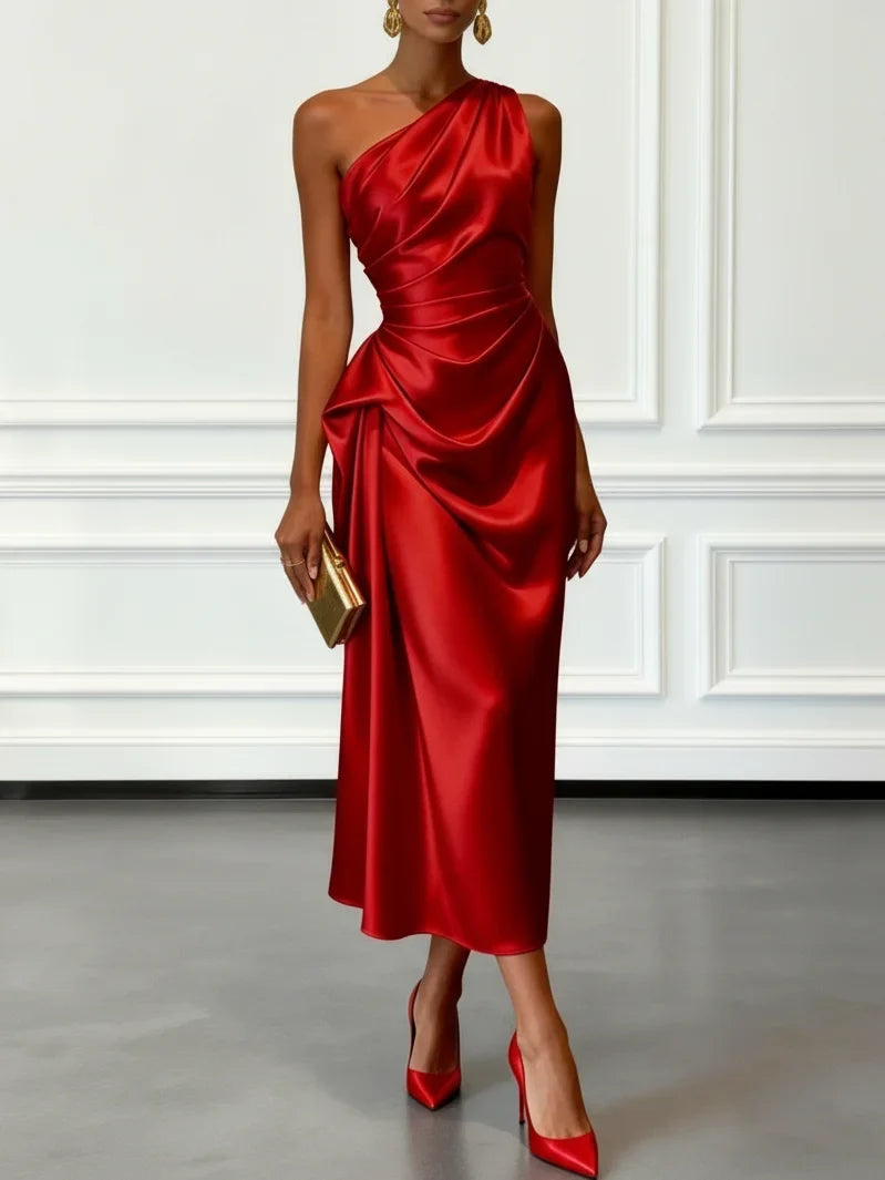 Mathilde | Satin One-Shoulder Ruched Midi Wedding Guest Dress