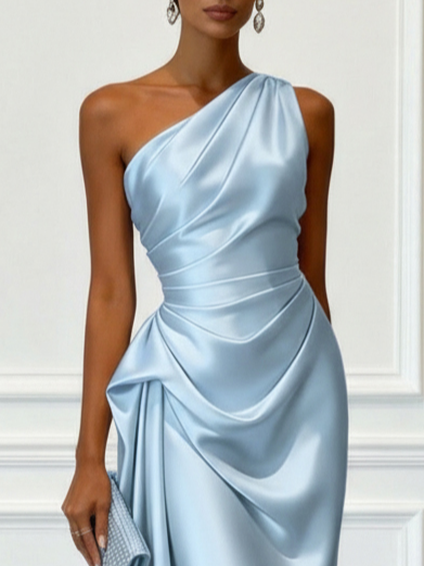 Mathilde | Satin One-Shoulder Ruched Midi Wedding Guest Dress