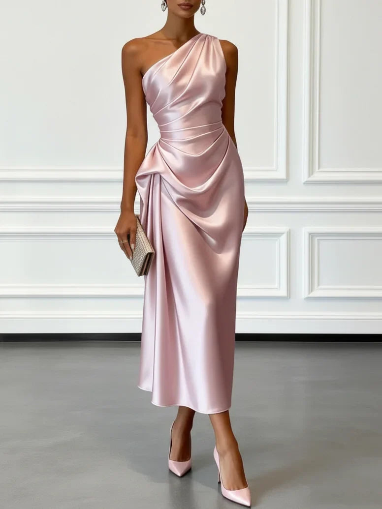 Mathilde | Satin One-Shoulder Ruched Midi Wedding Guest Dress