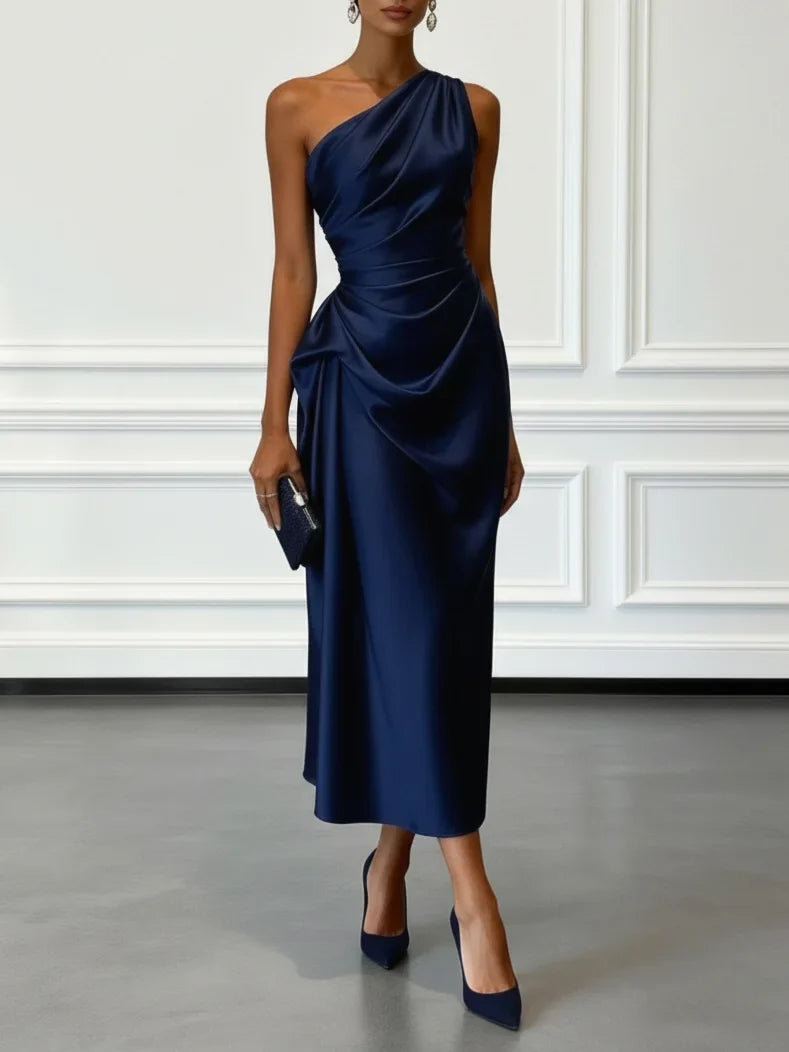 Mathilde | Satin One-Shoulder Ruched Midi Wedding Guest Dress