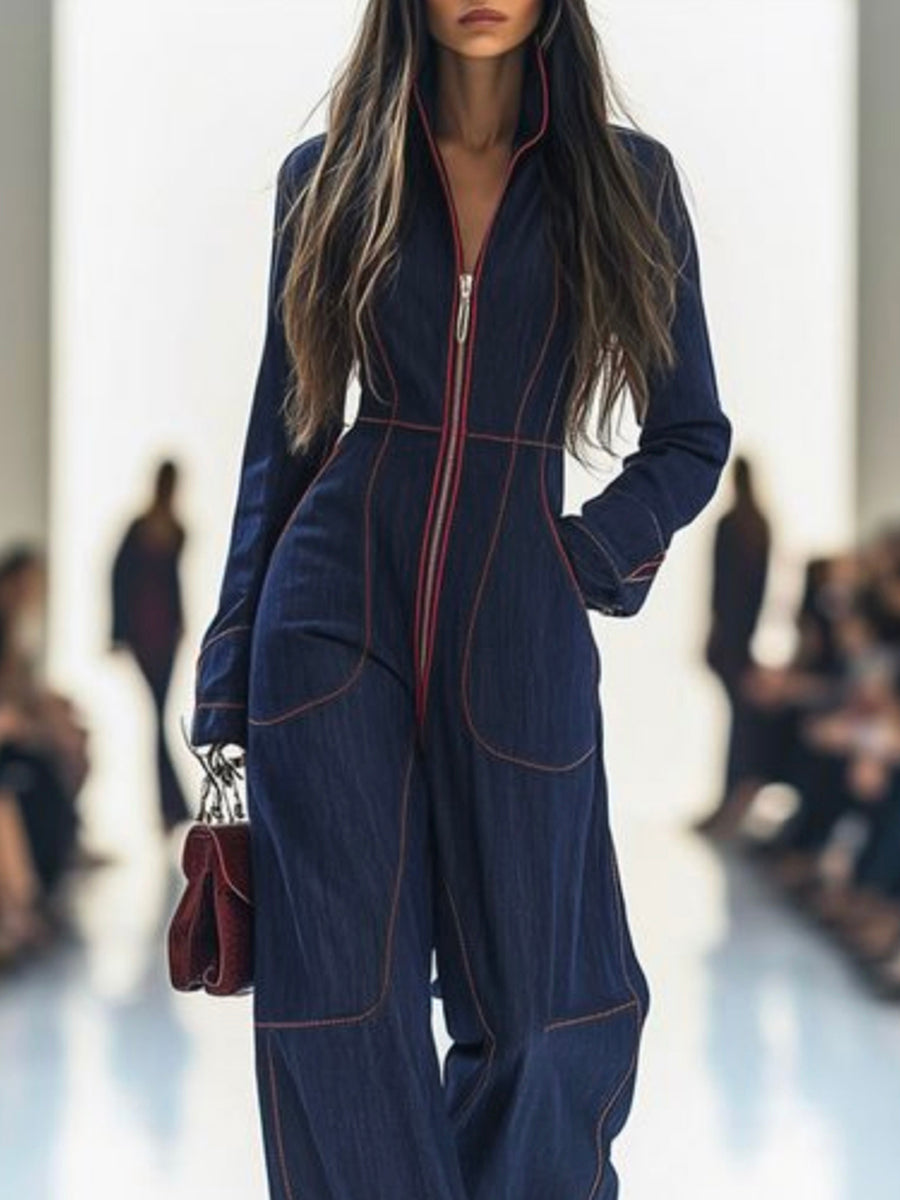 Josephine | Long Sleeve Wide Leg Denim Jumpsuit White Strapless
