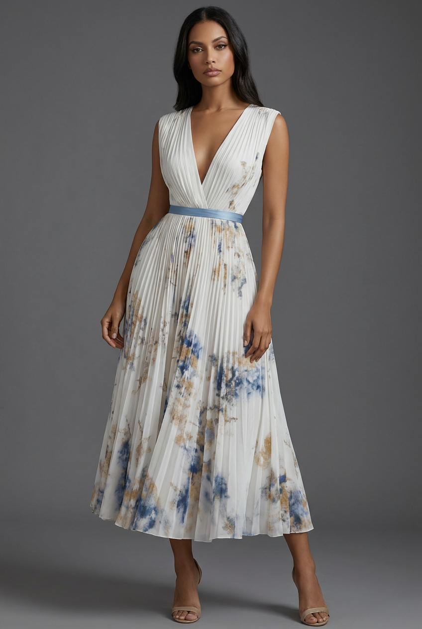 Rosaline | Floral Pleated V-Neck Midi Bridesmaid Dresses