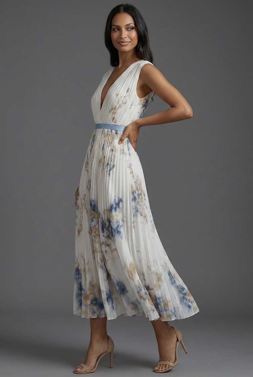 Rosaline | Floral Pleated V-Neck Midi Bridesmaid Dresses