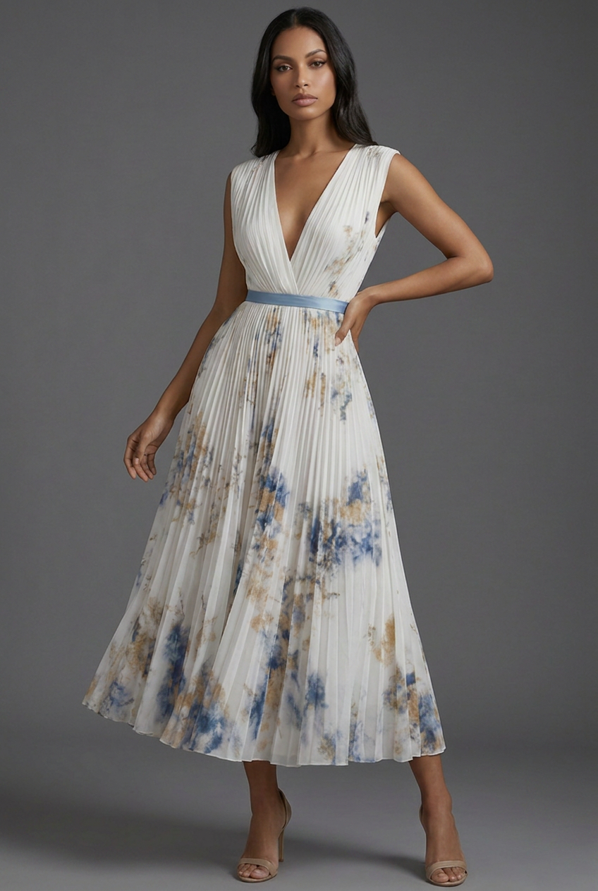 Rosaline | Floral Pleated V-Neck Midi Bridesmaid Dresses