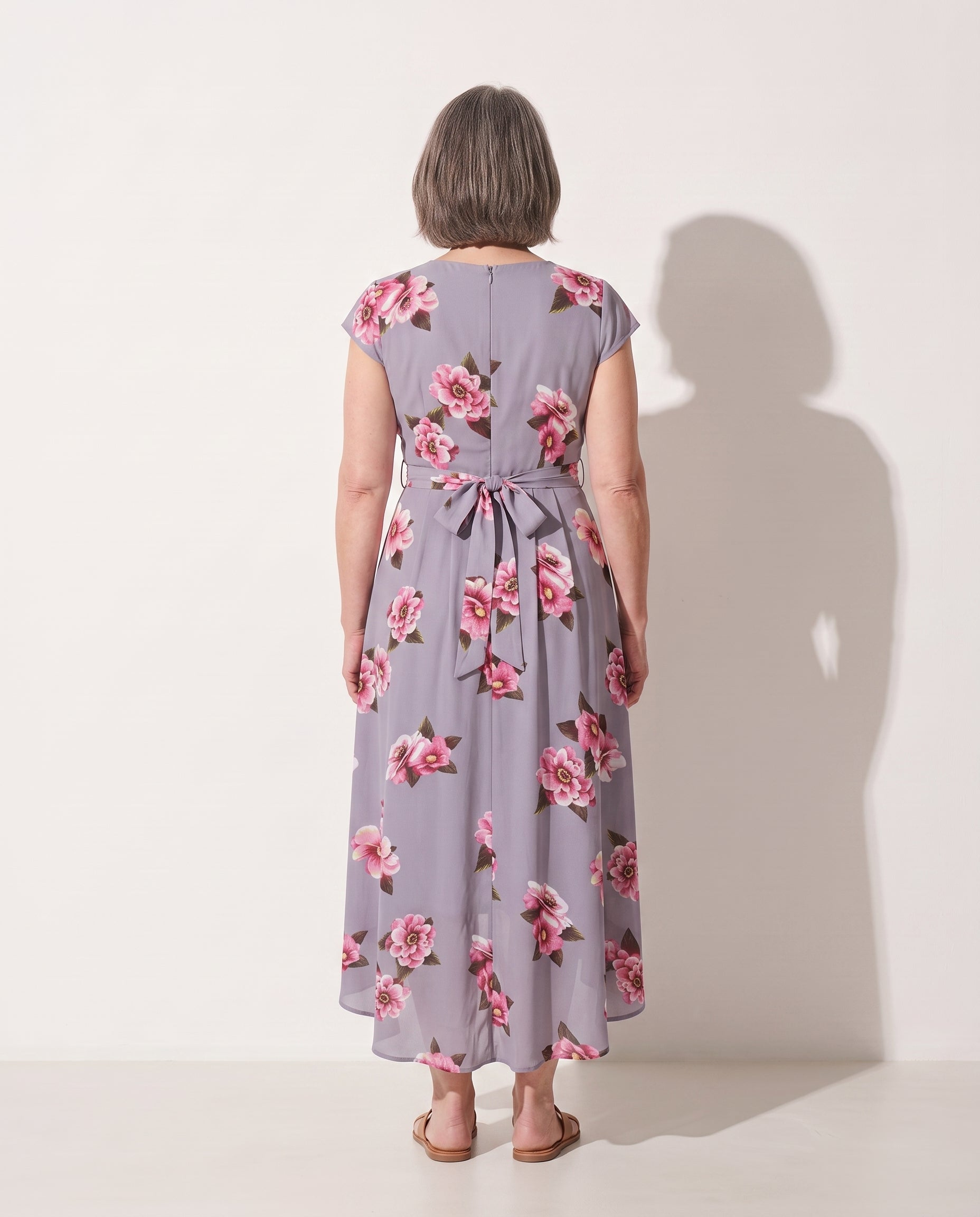 Honorine | Floral Print Maxi Dress Grey Wedding Guest Occasion — achterkant