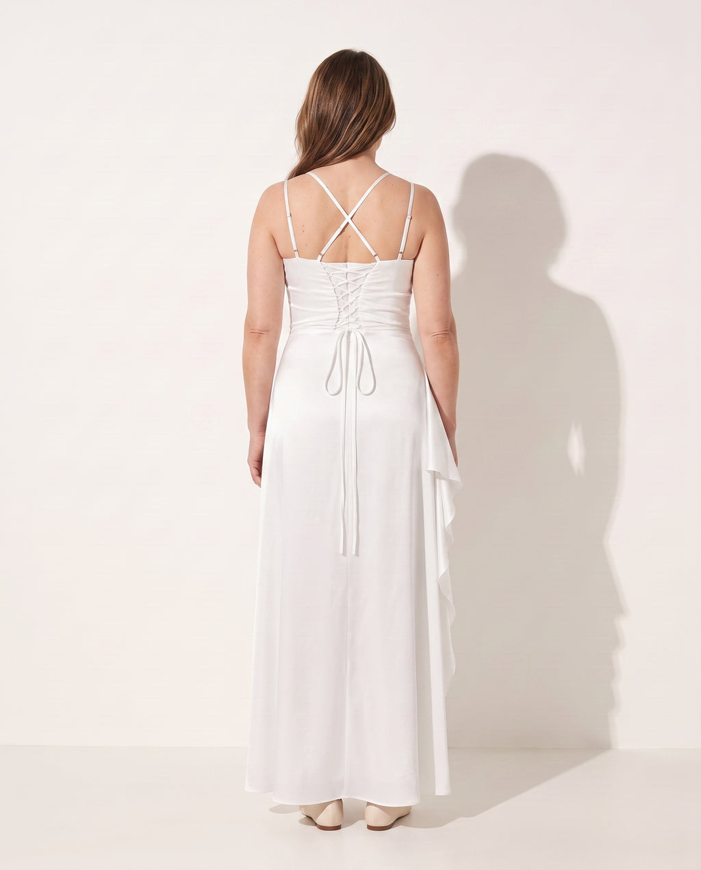 Evangeline | Plus Size Evening Dresses Draped Satin Maxi Split — achterkant