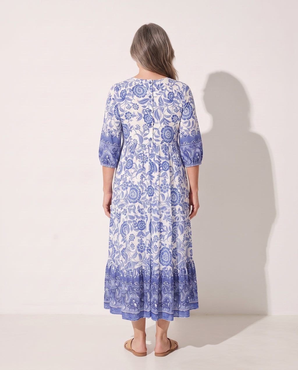 Faustine | Long Sleeve Floral Midi Dress For Garden Parties — achterkant