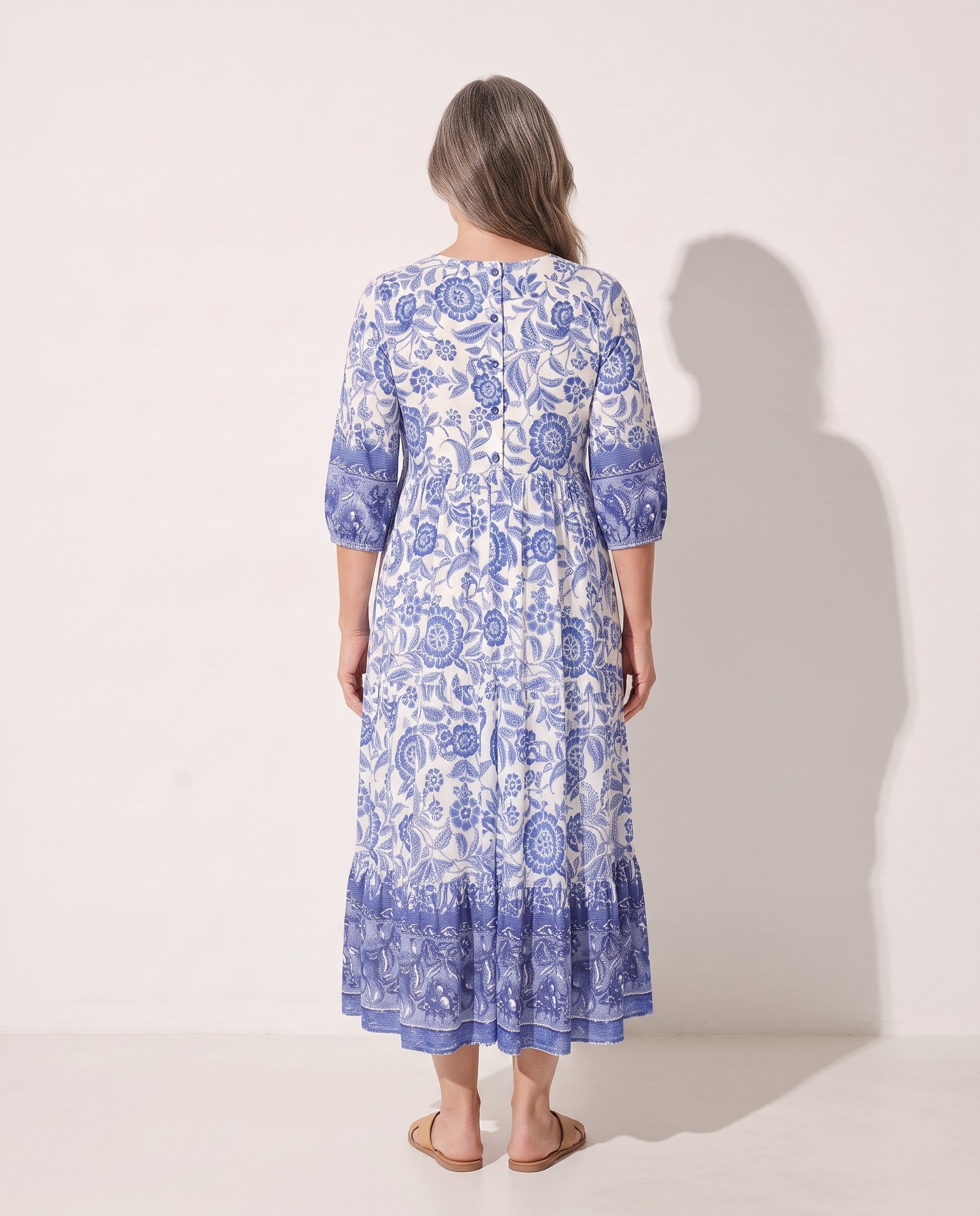 Faustine | Long Sleeve Floral Midi Dress For Garden Parties — achterkant