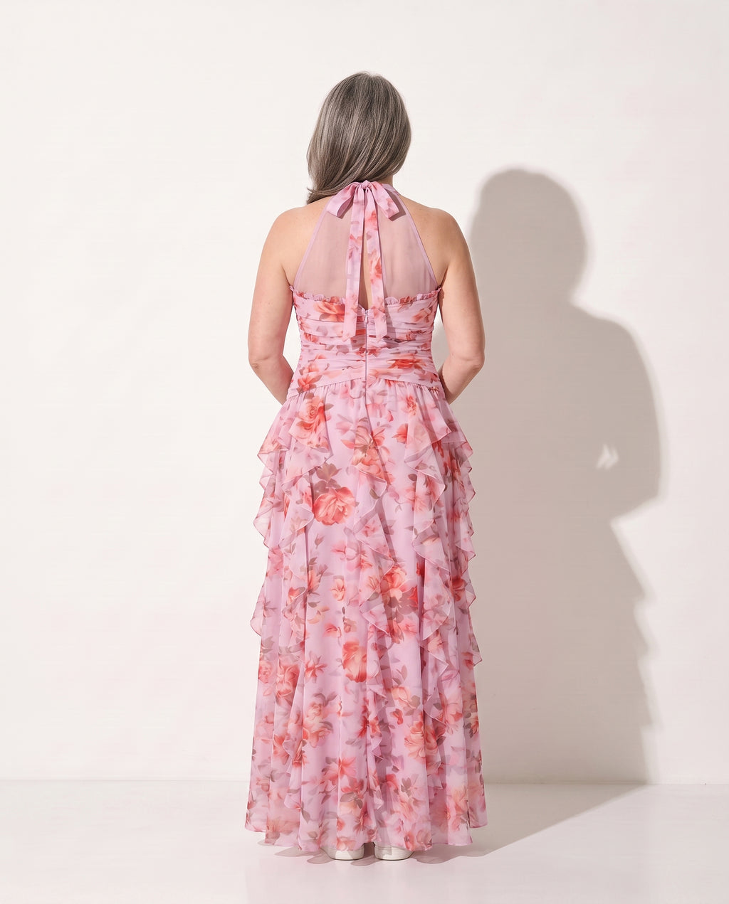 Aurelia | Floral Print Halterneck Maxi Dress For Weddings — achterkant