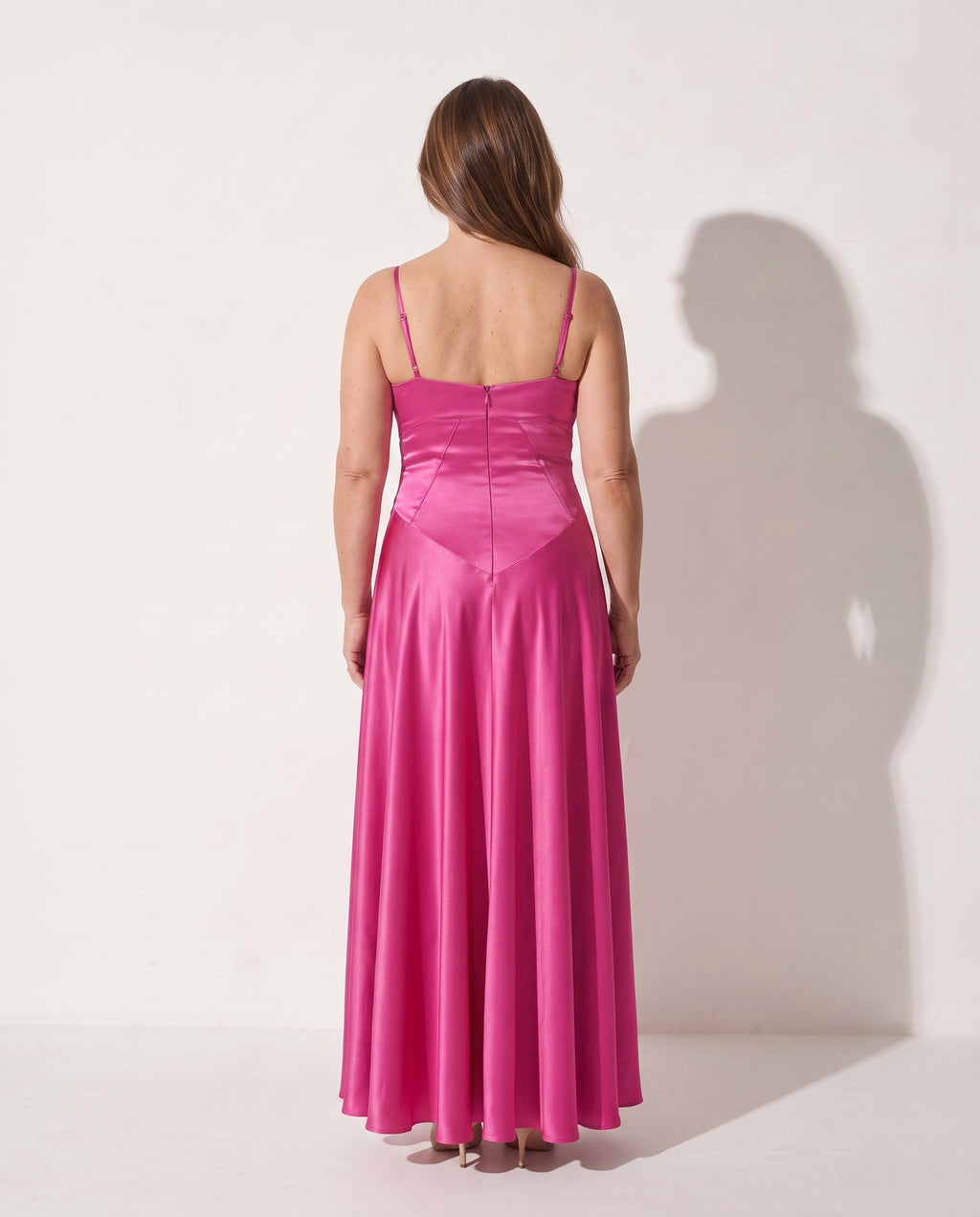 Camille | Long Sleeve Satin Wedding Guest Maxi Dress — achterkant