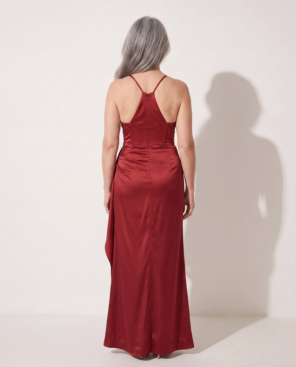 Thalia | Black Ruched Satin Bodycon Maxi Dress Wedding Guest — achterkant