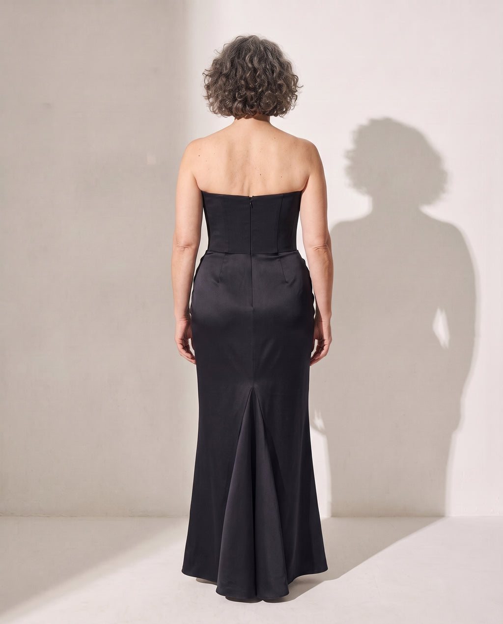 Ursula | Brown Satin Strapless Bodice Maxi Evening Dress — achterkant