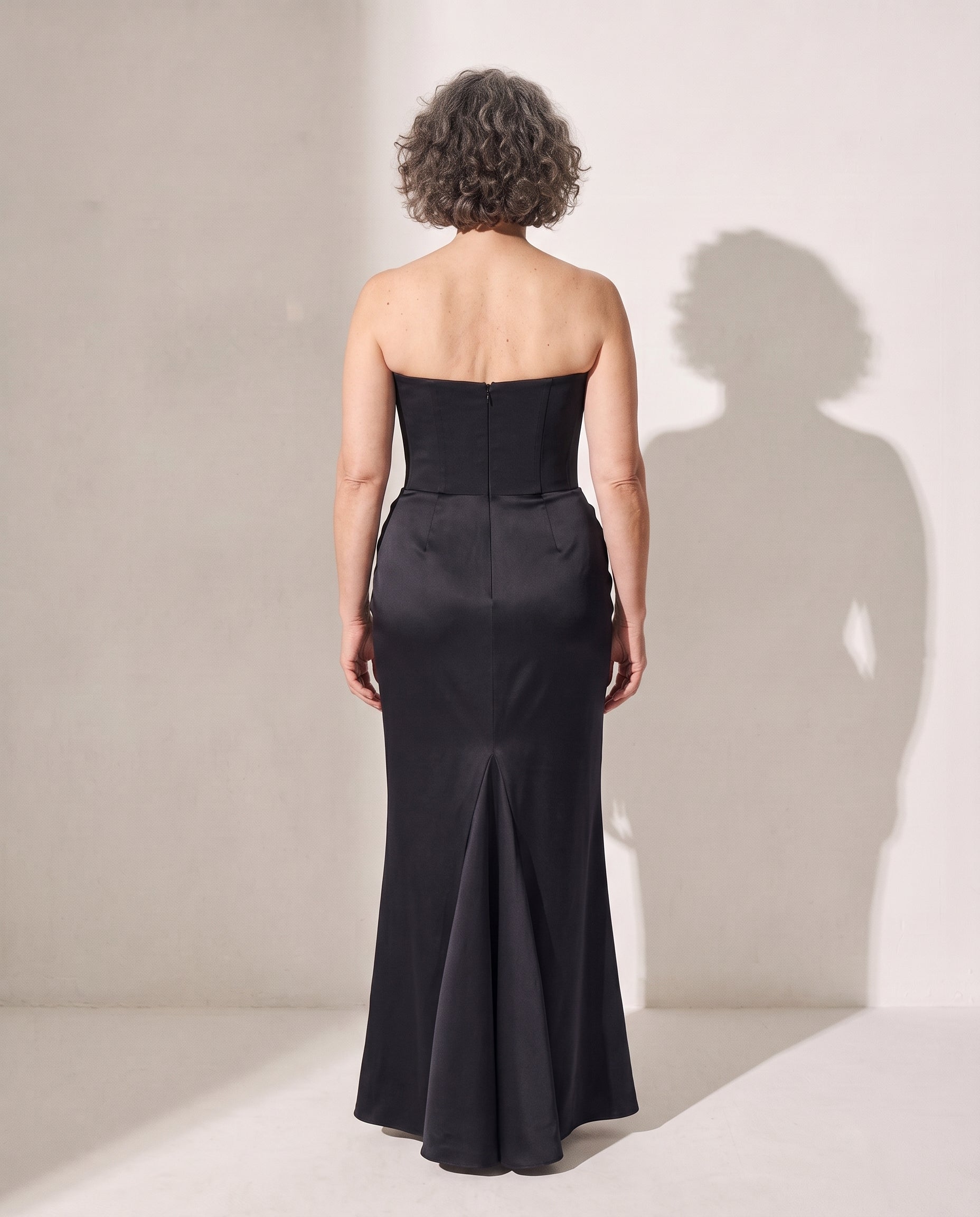 Ursula | Brown Satin Strapless Bodice Maxi Evening Dress — achterkant