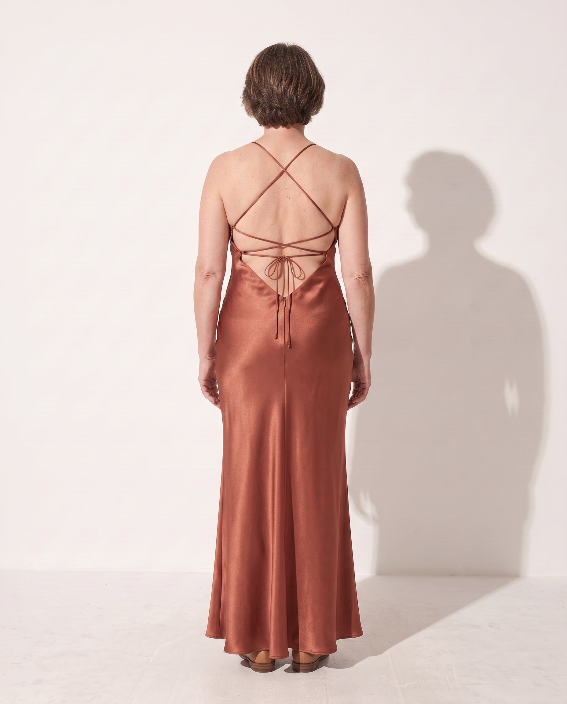 Aurelia | Black Satin Evening Dress With Open Back Detail — achterkant
