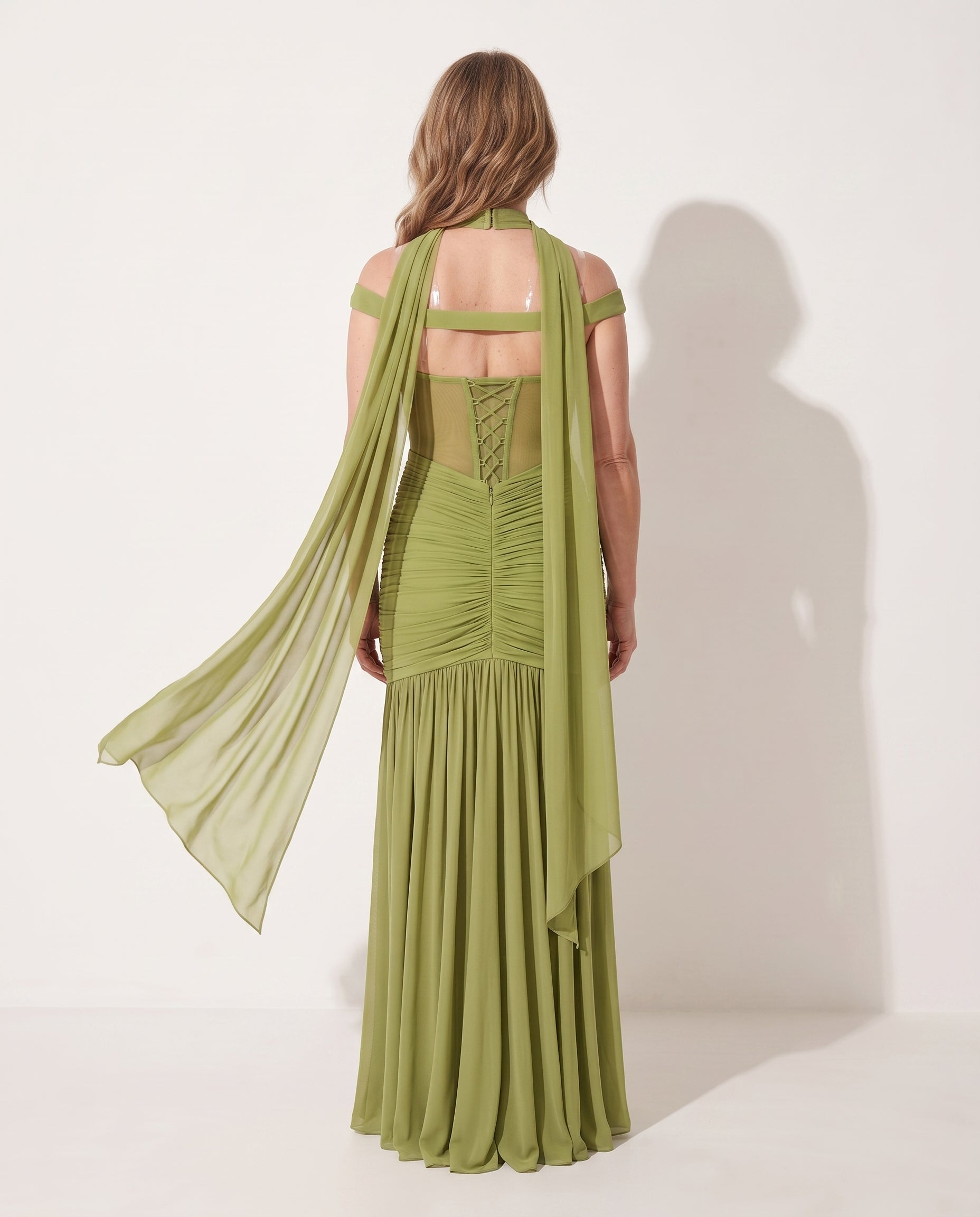 Yolanda | Evening Off Shoulder Ruched Mesh Maxi Dresses — achterkant