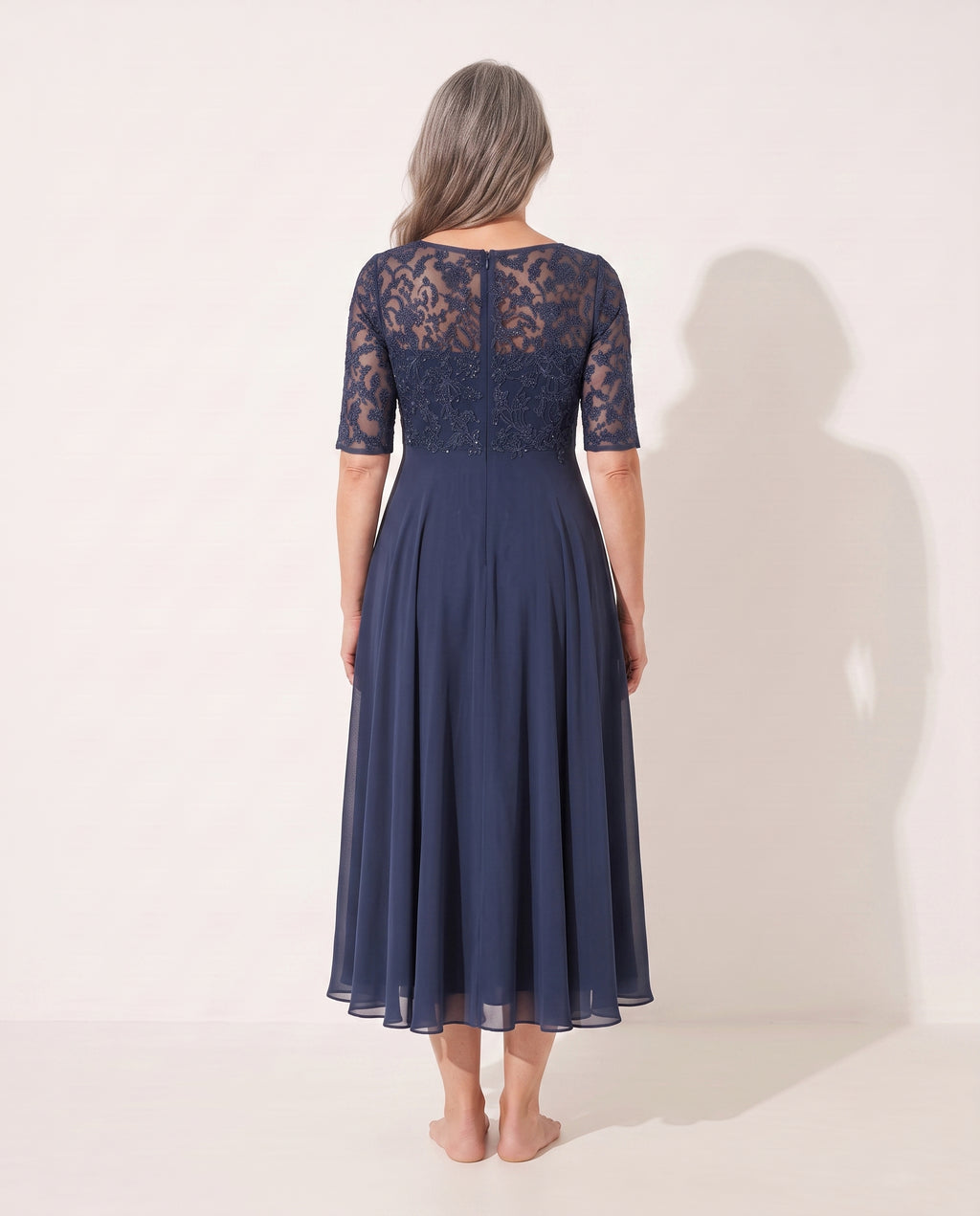 Delia | Embroidered Lace Midi Wedding Guest Dress — achterkant