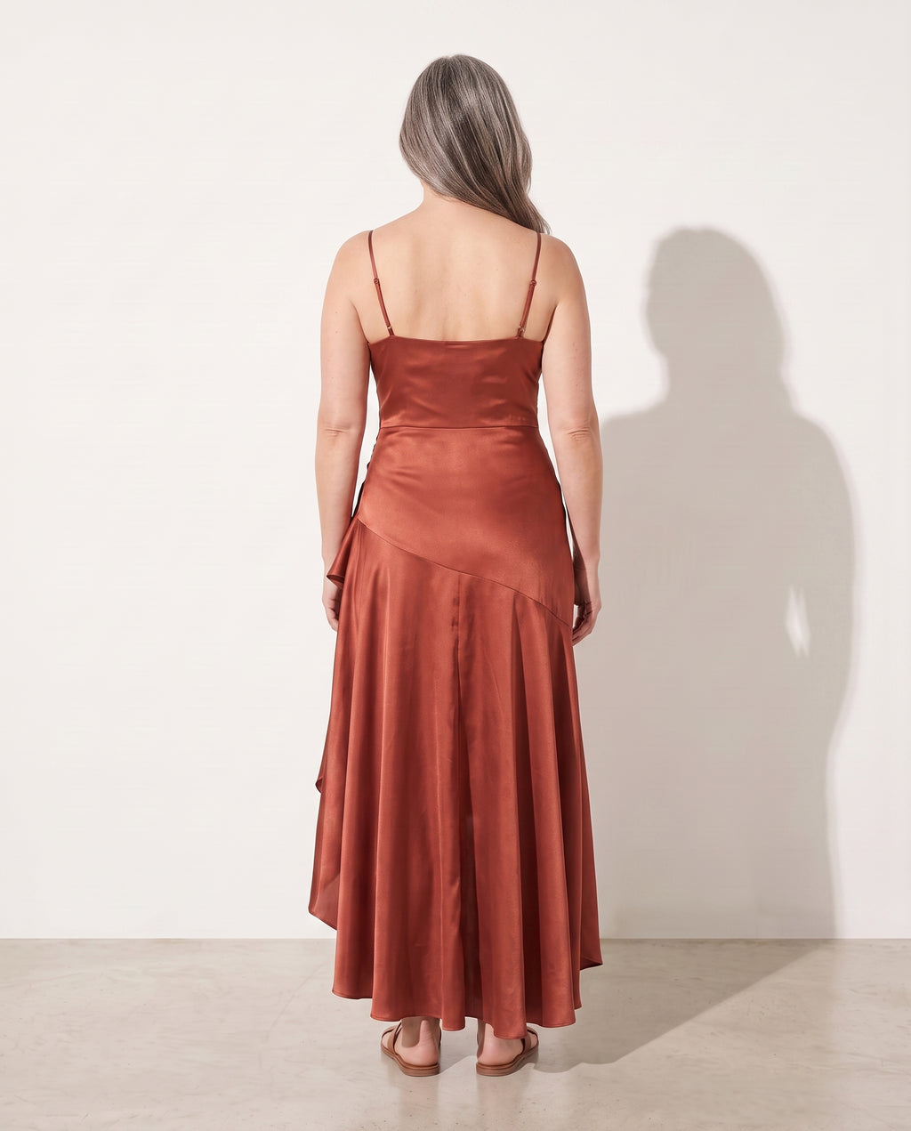 Penelope | Women Cowl Neck Satin Slip Maxi Wedding Guest Dress — achterkant