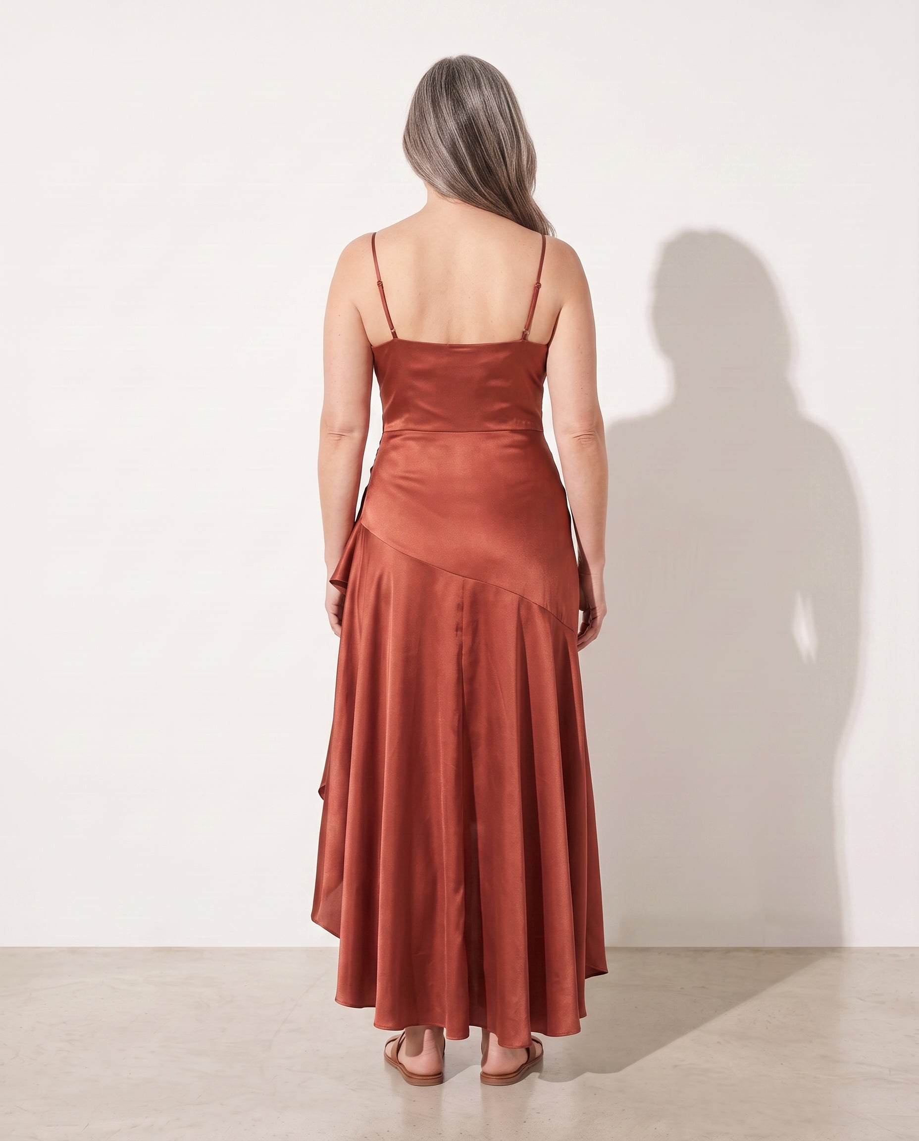 Penelope | Women Cowl Neck Satin Slip Maxi Wedding Guest Dress — achterkant