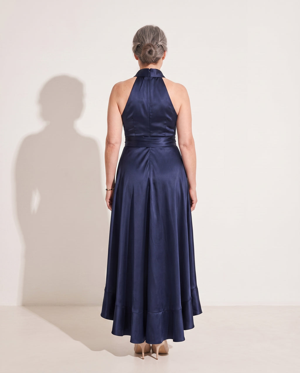 Cosima | Evening Maxi Dresses Halter Neck Satin Ruffle Hem — achterkant