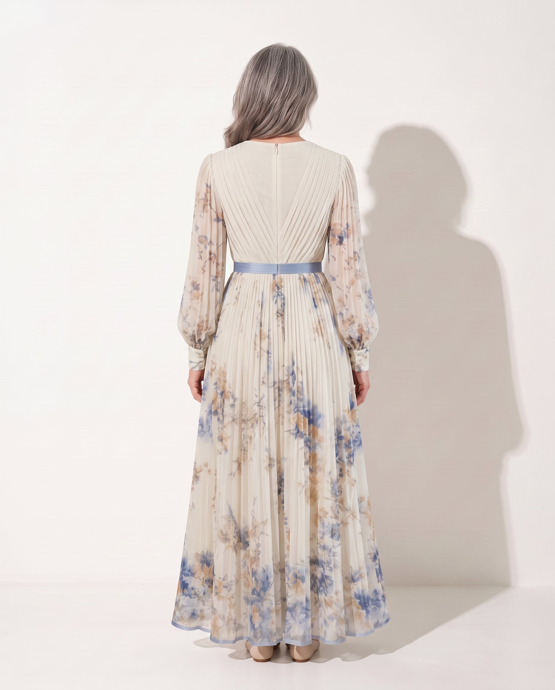 Floriane | Long Sleeve Floral Maxi Wedding Guest Dresses — achterkant