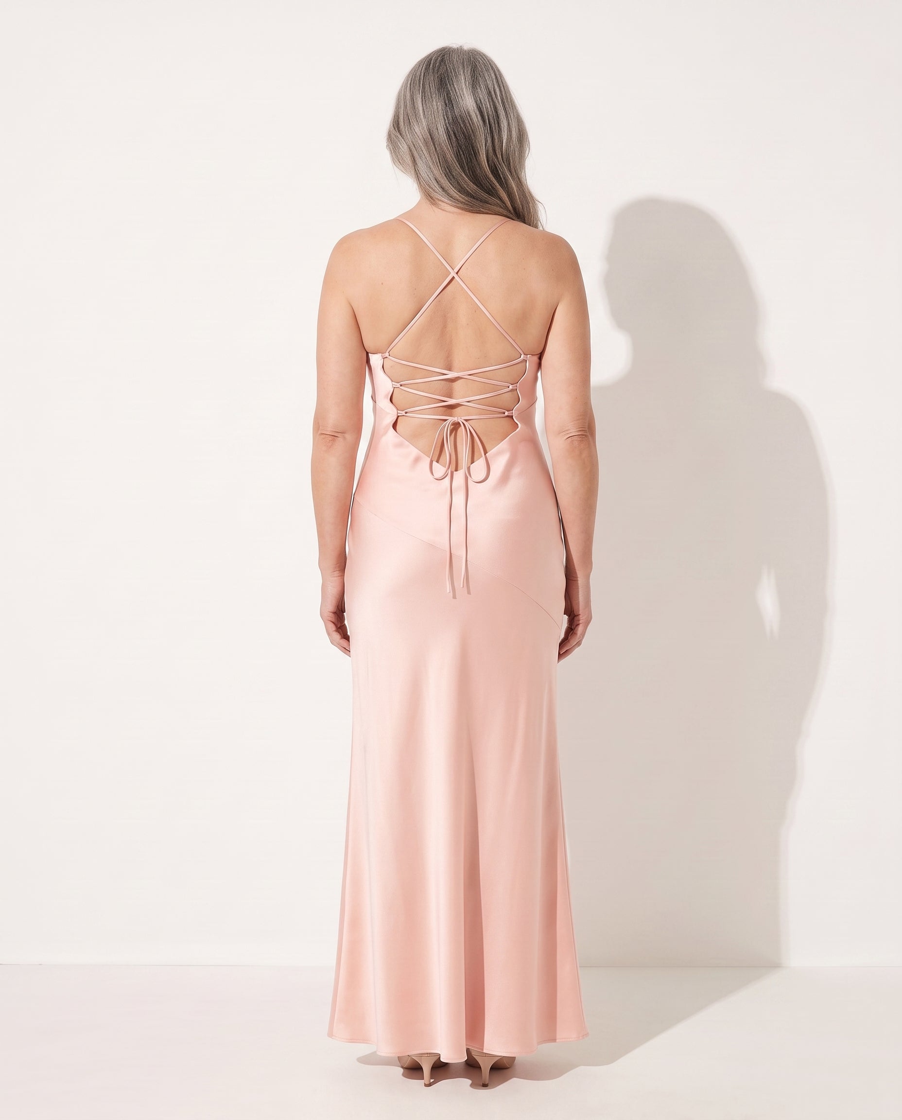 Thalia | Long Sleeve Satin Maxi Dress Evening Occasion Wear — achterkant