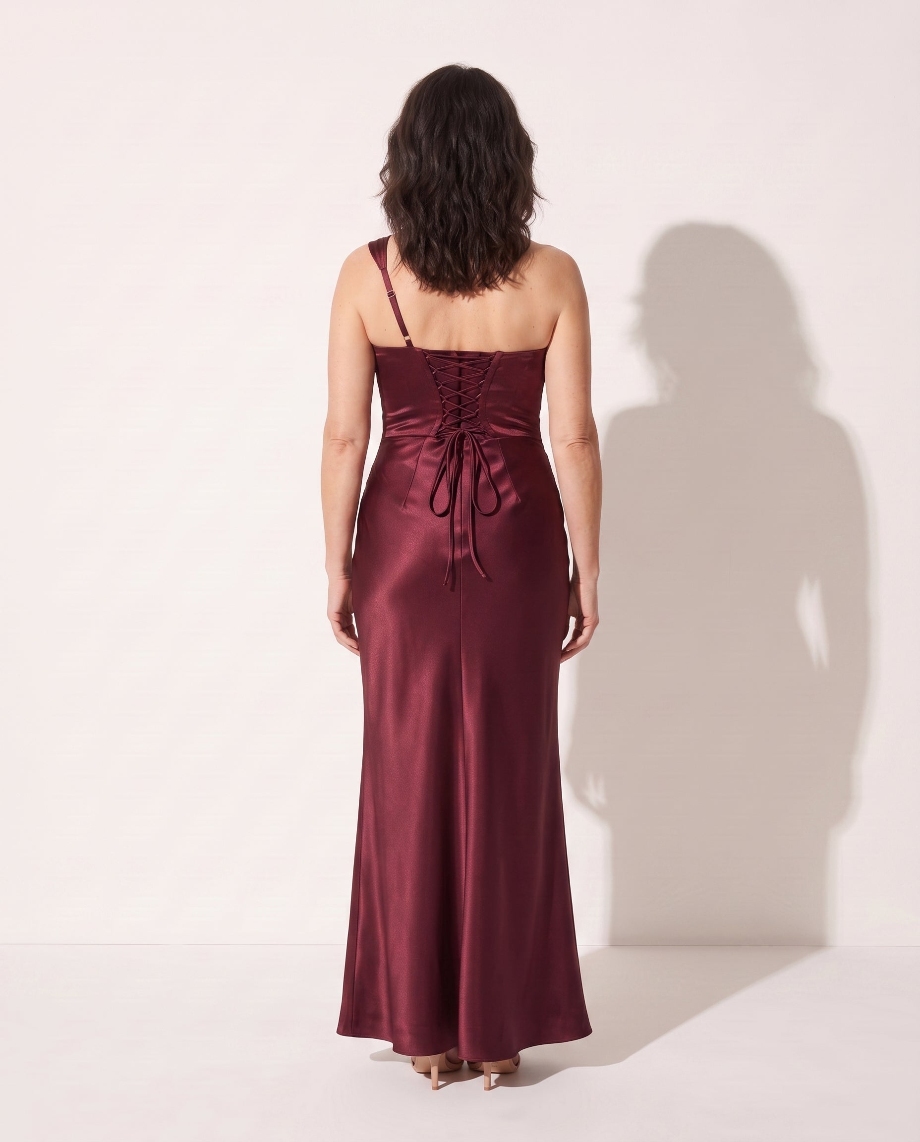 Rosaline | Long Sleeve Satin Dress Corset Maxi Evening Gown — achterkant