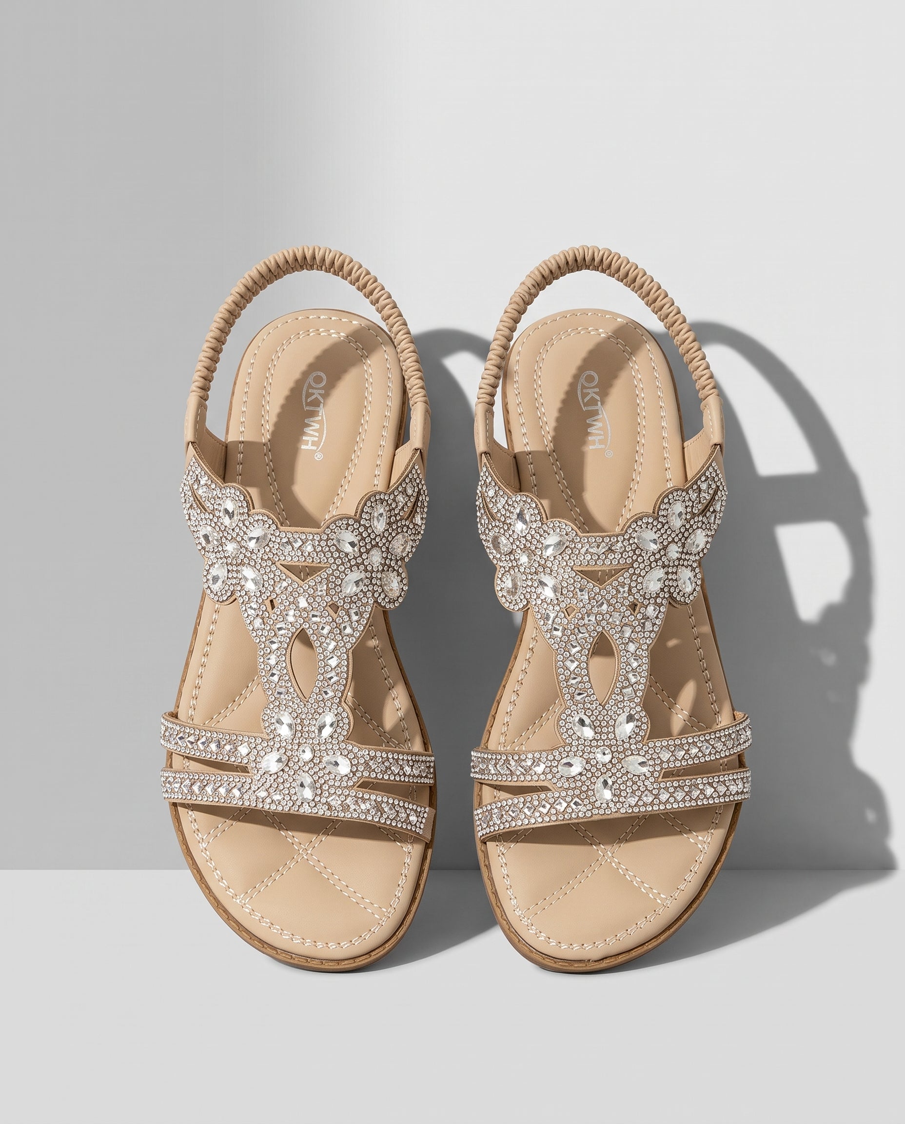Coralie | Boho Embellished Flat Wedding Shoes – Jewelled Sandals — Apricot