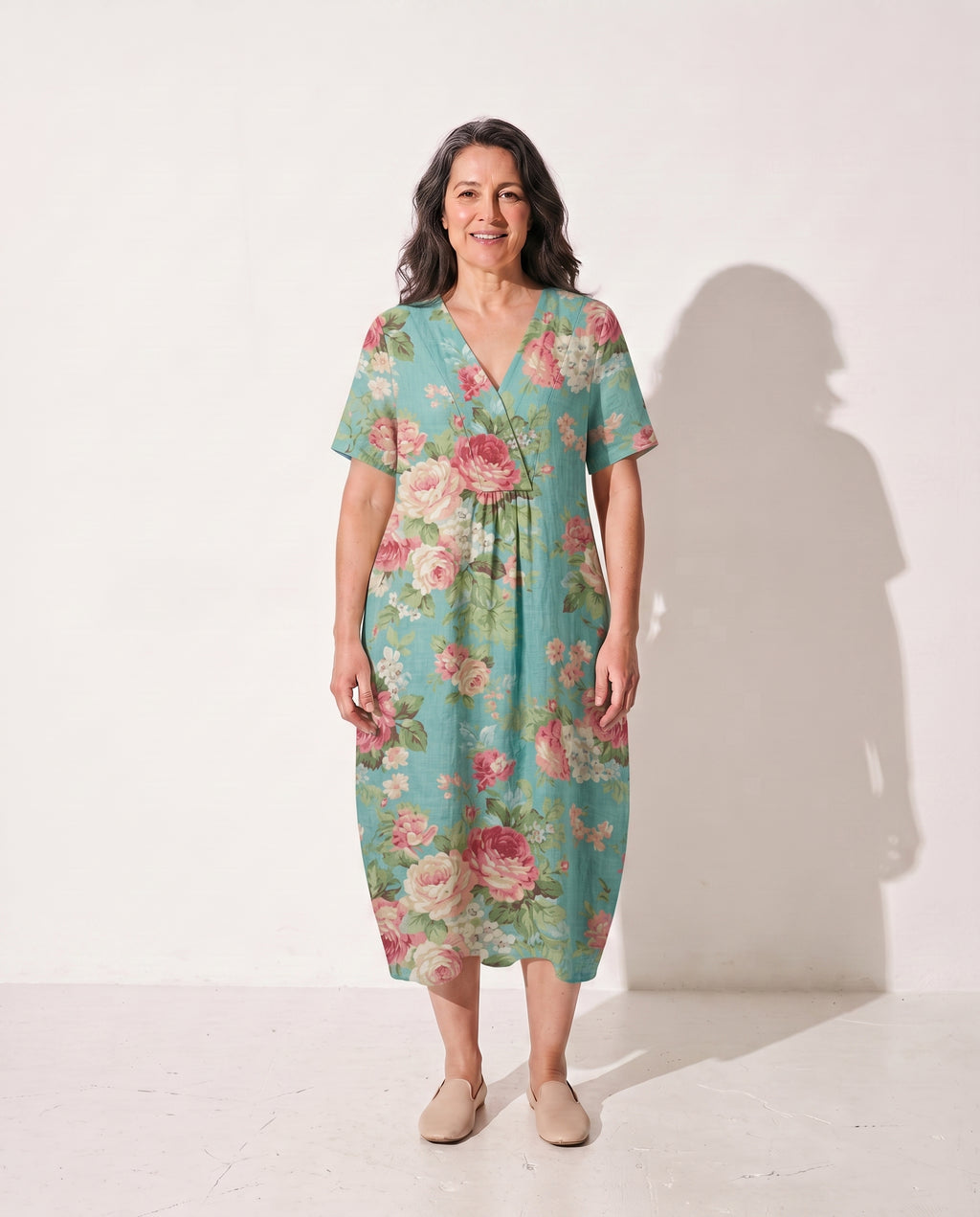 Camille | Long Sleeve Floral Midi Dress For Summer Days — Aqua Mint