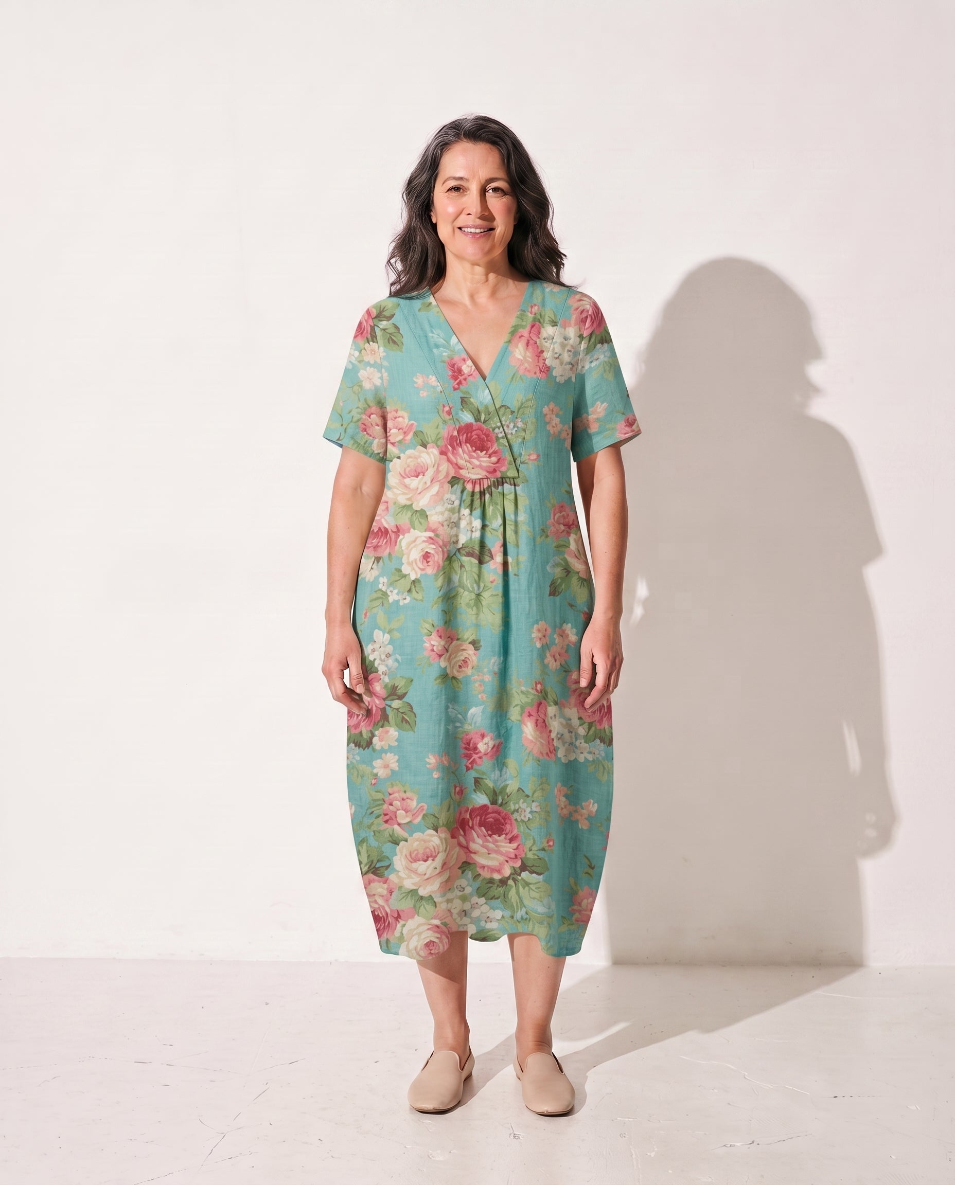 Camille | Long Sleeve Floral Midi Dress For Summer Days — Aqua Mint
