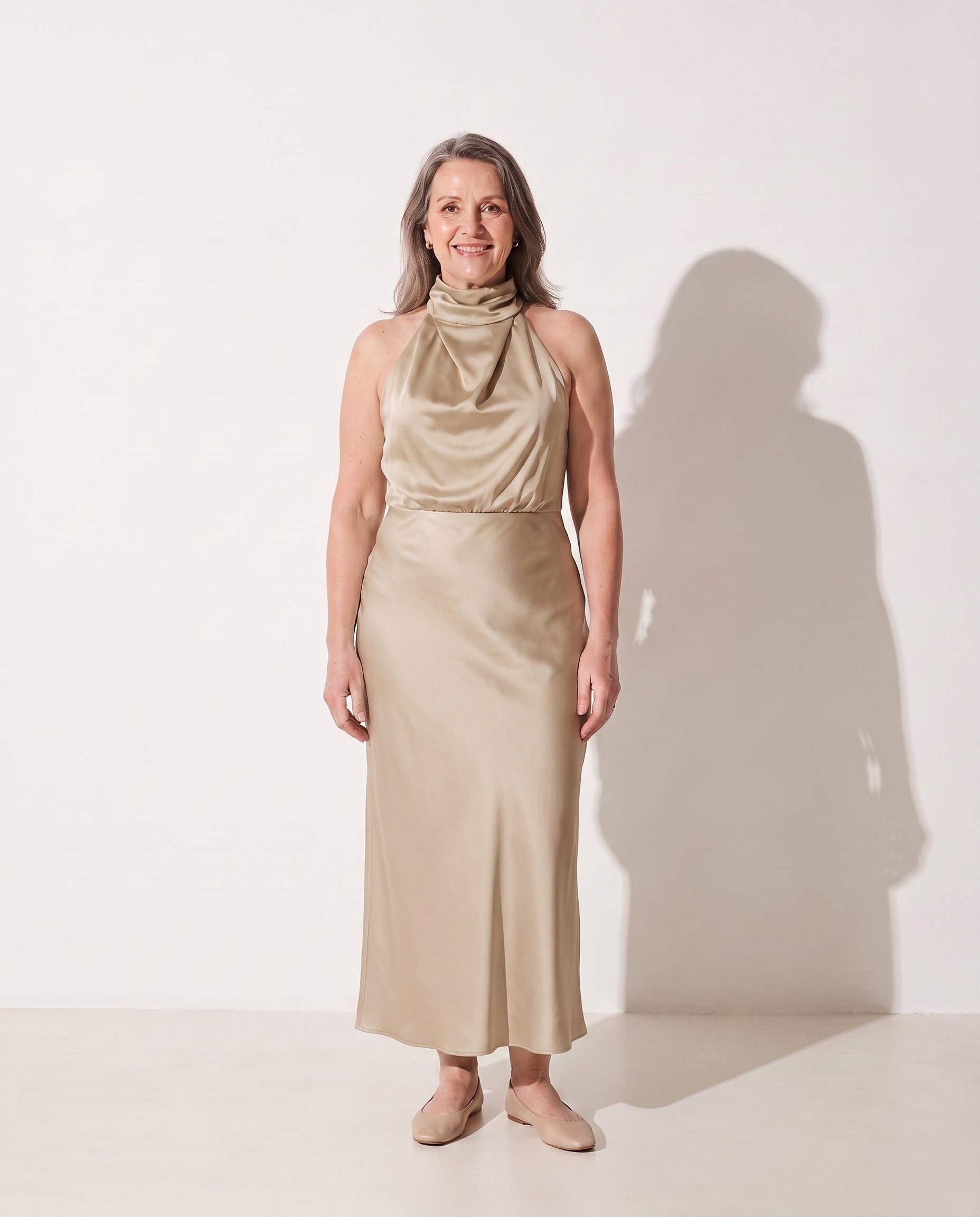 Francesca | Cinderella Wedding Dress Cowl Neck Satin Slip Midi — Beige