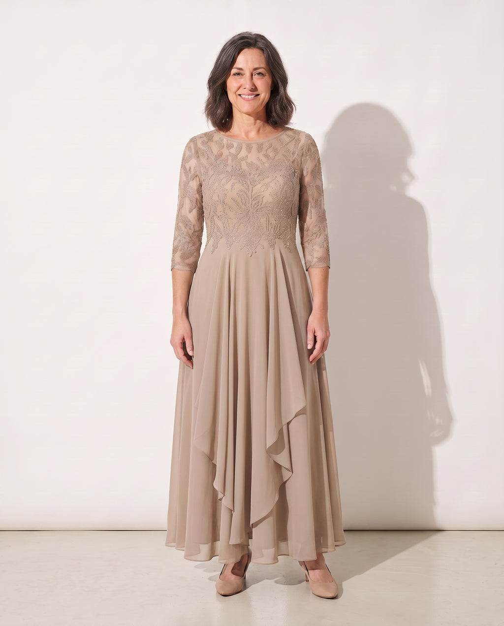 Aurelia | Embroidered Lace Midi Wedding Guest Dress — Beige