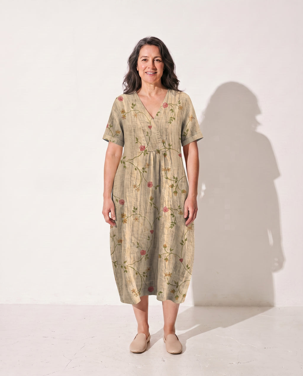 Camille | Long Sleeve Floral Midi Dress For Summer Days — Beige